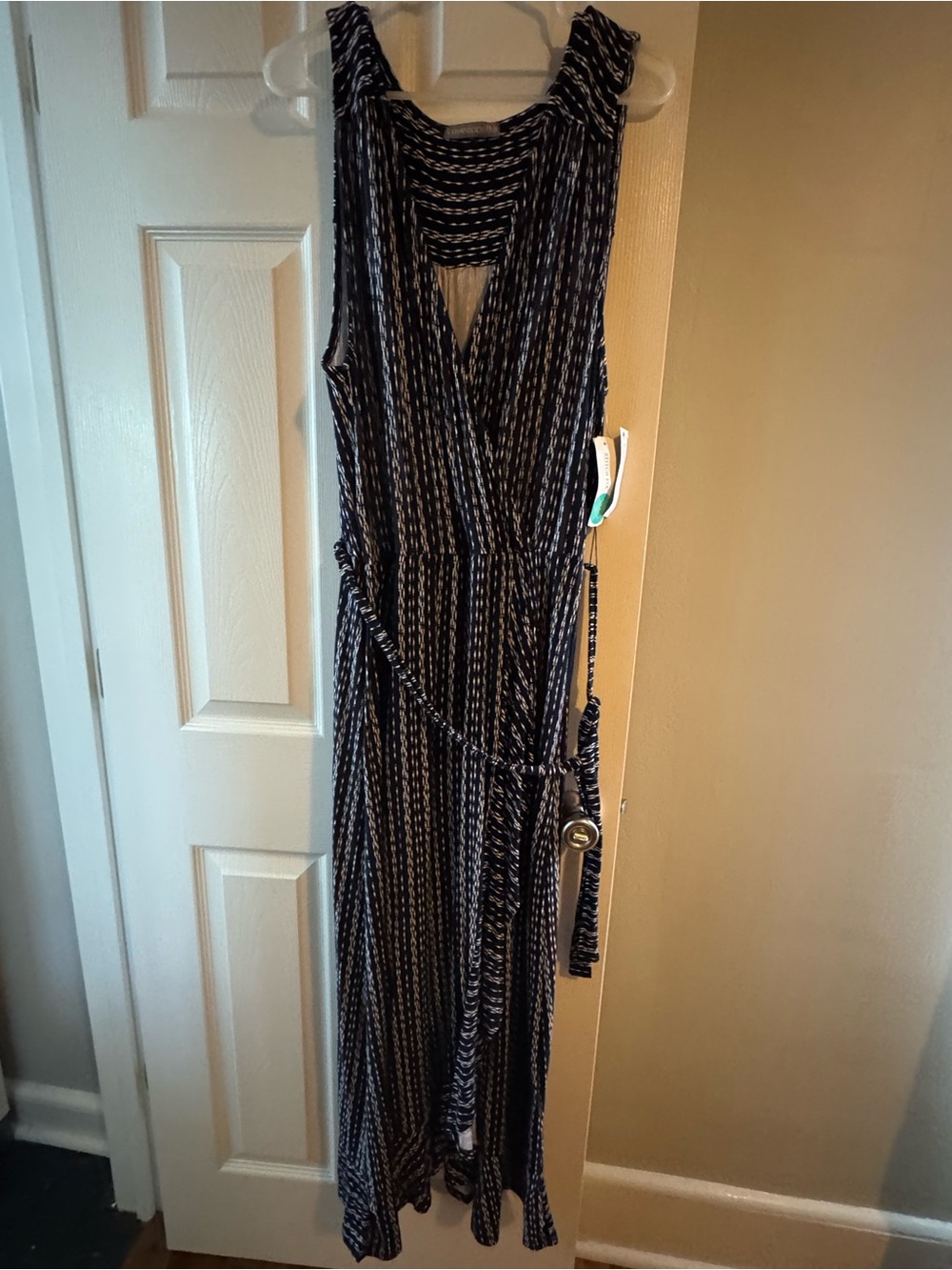 Loveappella Navy and White Striped Sleeveless Wrap Maxi Dress